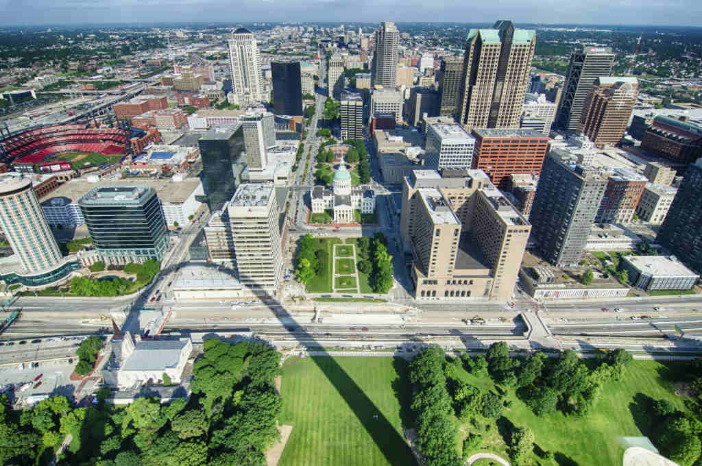 aerial of The Old Court House surrounded by downtown St. Louis